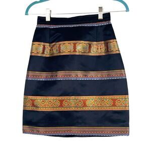 CHRISTIAN LACROIX BLACK SATIN PENCIL SKIRT GOLD RUST GEOMTRIC PANELS SIZE 36